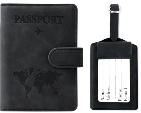 Porta Passaporto e Etichetta Valigia Aereo, Pelle Pu Custodia Passaporto Cover con Blocco Rfid, Portapassassaporto per Portapassaporto Carte Di Credito, D'Identità e Documenti Di Viaggio (nero)