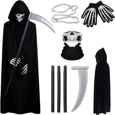Ligtmor Grim Reaper Costume, Disfraz Halloween Hombre adulto, Guadaña Halloween, Máscara de Calavera, Collar, Guantes