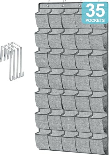 VERONLY Hanging Shoe Rack Storage Over Door Organiser - 35 Pockets Hanger Storage Holder Bag, Large Wall Mounted with & 4 Wide Hooks for Closet, Slippers, Men Sneakers, Kids Sports Shoes(Light Grey)