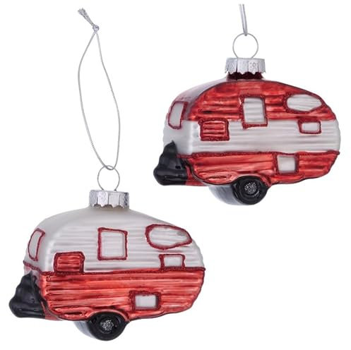 2 STK Christbaumschmuck Wohnanhänger Weihnachtskugel b733 Wohnwagen Glas rot Silber Glaskugeln Camping Weihnachtsdeko Wohnwagenhänger 8x7cm Deko Campingfans