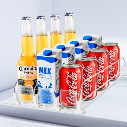LEIKOSUP 3 Reihen 31cm Automatisch Kühlschrank Organizer Dosen, Kühlschrank Organizer Getränke, Einstellbare Breite, Dosen Organizer für Getränke Bier Soda, Stauraum: 12 Dosen, weiß