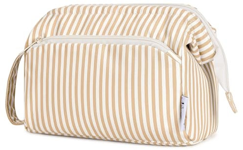 Narwey Kulturtasche Damen Kulturbeutel Kosmetiktasche Schminktasche Reise Make-up-Tasche mit Weit Offener Tasche für Damen Frauen (Hellbraune Streifen)