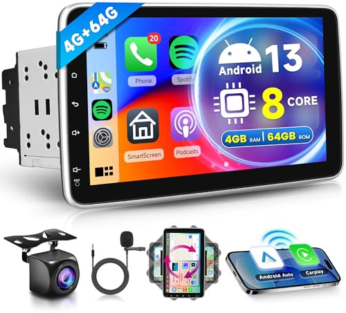 8 Core 4G+64G sans Fil Carplay Android 13 Autoradio 2 Din avec Android Auto GPS Navi WiFi 10.1 Pouces Rotatif Écran Autoradio avec Mirror Link Bluetooth FM/RDS/Dab Commandes au Volant Caméra de Recul