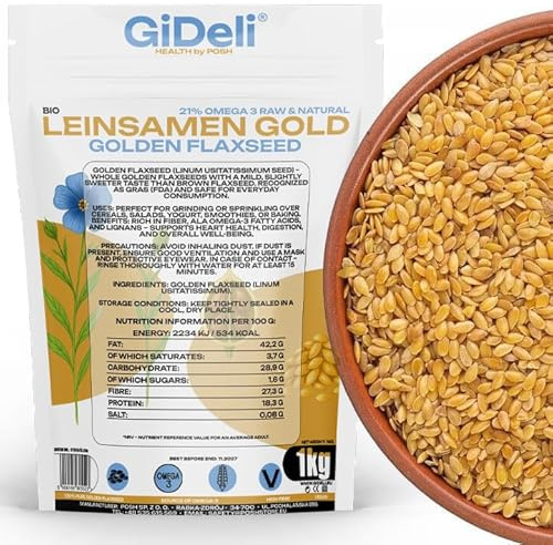 GiDeli Leinsamen Gold 1 kg - Ganze Goldleinsamen zum Backen und Müsli | Milder nussiger Geschmack, helle Saat für Teig und Joghurt, quillt in Flüssigkeit, Standbeutel mit einem Kilogramm