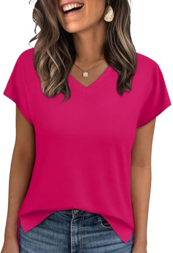 WIHOLL T Shirts for Women V Neck Summer Tops Ladies Short Sleeve Casual Tee Hot Pink Tops Size 10-12