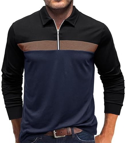 Volemo Mens Polo Shirts Casual Long Sleeve Zip Polo Tops Contrast Color Raglan Cotton Golf Shirts Black Blue XL