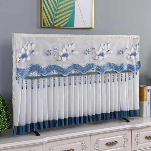 Treer Funda de Polvo para TV 32 a 75 Pulgadas, Funda para Televisor Tela de Encaje Cubierta Antipolvo TV Universal Lavable para Protector Cubierta Pantalla (Flores azules,75 pulgadas)