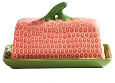 Strawberry Shaped Butter Dish, Ceramic Butter Keeper & Cheese Storage Box, Kitchen Organiser, 19.5x9.5x11.5cm, Pink