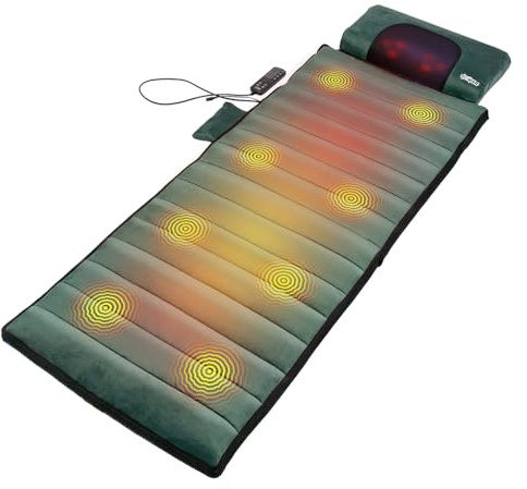 eZwell 3-in-1 Electric Massage Mat with Infrared Heat Therapy & Pillow | Full Body Vibration | 3 Intensity Settings, 5 Massage Modes | Shiatsu Massage Pillow | 8 Vibration Motors, 6 Heat Nodes