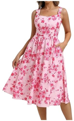 Belle Poque Damen Sommerkleid Blumen Print Midi Kleid Eckiger Ausschnitt Ärmellos A Line Sommerkleid Mit Taschen