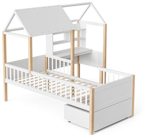 WEALTHKING Hausbett Massivholzrahmen Rausfallschutz Lattenrost Ecklösung L-Form Arbeitsplatz Schreibtisch integriert Bücherregal Ablagen Rollschubladen Stauraum Dachdesign Spielbereich Lernzone