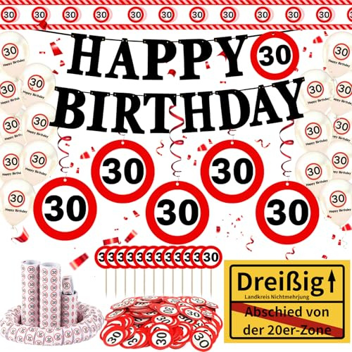 OUIGKUN 30 Geburtstag Deko Set, 165 Stück Geburtstag Deko Männer Frauen, Luftballons, Girlande, Banner, Tortendeko, Absperrband, Luftschlangen, Konfetti- Verkehrszeichen zum 30. Geburtstagsdeko