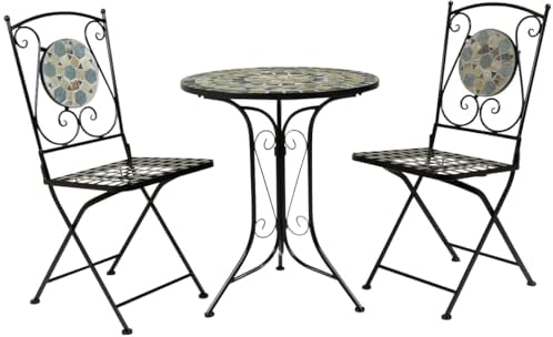 Charles Bentley Garden Blue Mosaic 3 Piece Dining Set, With Folding Chairs, Outdoor, Patio, Conservatory, Foldable Chairs, Antirust Finish, Interwoven Seat, 2 Person, Round Table, Robust (60x60x91cm)