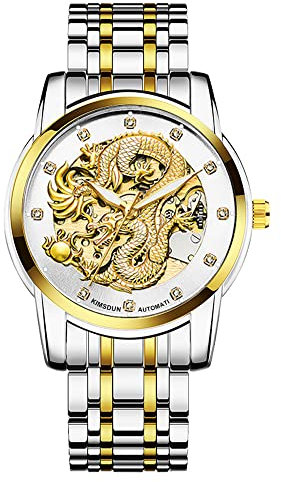 Weicam Men’s Luxury Mechanical Skeleton Automatic Self-Winding Stainless Steel Lumious Watch Dragon Carved Dial Diamond Business Watches Waterproof Wristwatch, Silver, Mechanical