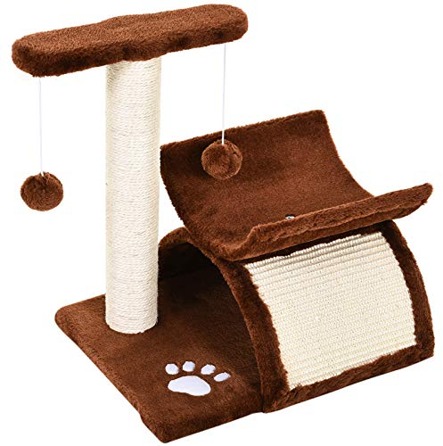 PawHut Rascador para Gatos Árbol Rascador Centro de Actividad Poste Giratorio con Bolas de Juego Plataforma Caseta 40x30x43cm Sisal Natural