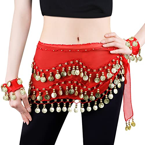 LZYMSZ Bauchtanz Hüfttücher, Frauen Bauchtanz Röcke mit 128 Goldmünzen, Mädchen Chiffon Bauchtanz Taille Kostüm Gürtel mit Armbänder für Karneval Samba Latina Zumba Yoga Klasse Leistung (red)