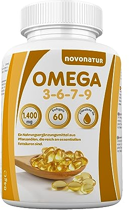 Omega 3 6 7 9, 60 perlas enriquecidas con aceite de lino, onagra, oliva, germen de trigo y nueces de Macadamia, beneficioso para el corazón, vista y cerebro. Nueva fórmula. novonatur
