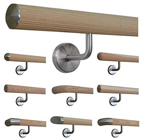 Lärche Handlauf Treppen Geländer Handläufer 30-500 cm aus einem Stück mit Halter Stützen Träger und bearbeiteten Enden 410 mit 5 Halter leicht gewölbte Edelstahlkappe
