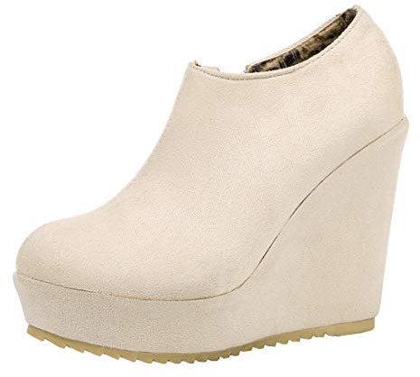LUXMAX Stivaletti Zeppa Alta Stivali Donna Tacco Alto Plateau Scarpe con Cerniera Ankle Boots Inverno (Beige) - 36 EU