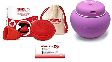 Sileu Travel Plus - Copa menstrual Sileu Rose, Talla L, Rojo, Flexibilidad Standard + Estuche en forma de flor Rojo, 8 cm + Esterilizador eléctrico recargable USB para copas menstruales, Morado