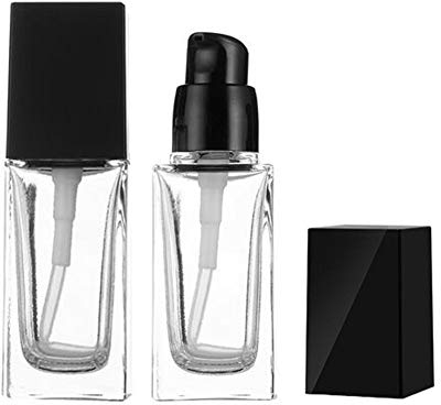 2Pcs 30ml/1oz Empty Square Clear Glass Pump Bottle Lotion Dispenser with Black Lid Refillable Portable Foundation Bottle Makeup Cosmetic Container Holder for Lotion Essence Emulsion Serum