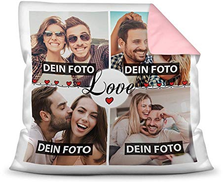 PR Print Royal Kissen mit Füllung - Fotocollage selbst gestalten mit Spruch - Love - mit Vier eigenen Fotos - Geschenkidee Fotokissen - Farbkissen Rückseite Rosa