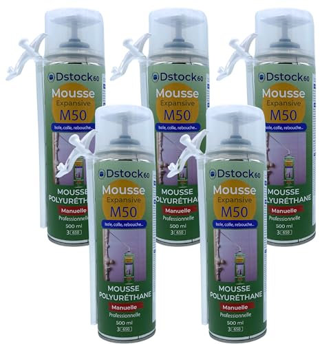 DSTOCK60 - LOT DE 5 MOUSSES EXPANSIVES MANUELLES 500ML - MOUSSE POLYURETHANE PROFESSIONNELLE - ISOLE, COLLE, REBOUCHE - EXTERIEUR ET INTERIEUR