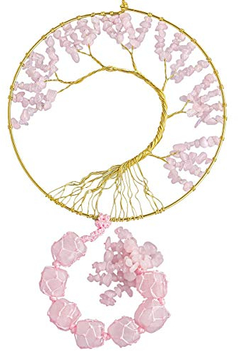 KYEYGWO Rosenquarz Stein Baum des Lebens Hängeornament mit Rosenquarz Trommelsteine, Heilung Kristall Aufhängene Edelstein Traumfänger Handgemacht Windspiele Hängedeko für Haus Büro Hochzeit Souvenir