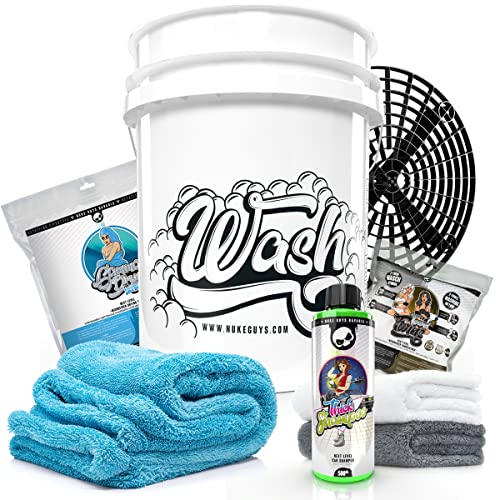 Nuke Guys Auto Waschset - kratzerfreie Handwäsche mit Thick Shampoo 0,5L, Wash Bucket made by GritGuard, 2x Towel Twins Mikrofaser Waschtücher, Grit Guard Schmutzsieb, Trockentuch