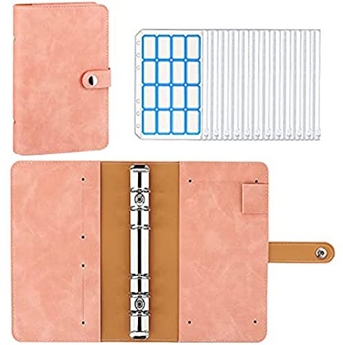 6 Löcher Loseblatt Notizbuch,A6 Binder Notizbuch PU Leder Notizbuch mit 12 Stück PVC Klar Plastik Binderumschlägen 16 Labels für Bargeld Umschläge, Karten Speicher (Rosa)