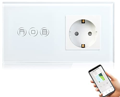 BSEED Interruptor Persiana WiFi,interruptores tactil empotrado,Inteligente Control de Porcentaje,Panel de Cristal,Control Remoto,Requiere Cable Neutro,Persiana + 1 Enchufe,157mm Blanco