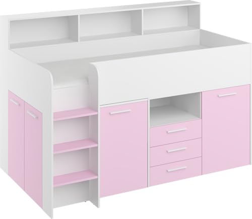 BIM Furniture Etagenbett NEO L Kindermöbel, Möbelset für EIN Kinderzimmer, EIN Bett mit Schreibtisch, Regalen, Schubladen: Linke Seite (weiß/Lavendel)