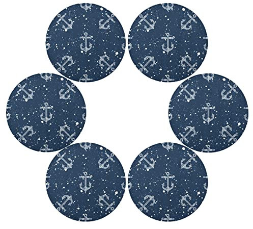Anchors Waves Lot de 6 sets de table ronds dessous de table sous assiette pour table de cuisine et de salle à manger avec isolation thermique antidérapante et lavable Bleu marine