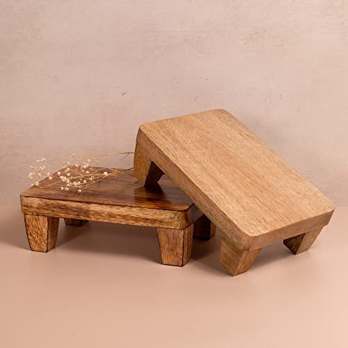 Wooden Tray Pedestal Decor | Display Riser for Plant and Other Home, Kitchen or Bathroom Accessories | Hand Carved Mango Wood 2 Finishes Available (Polished Mango Wood)