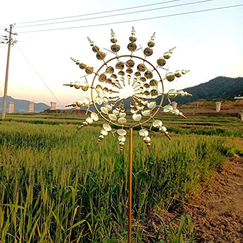 Magical Metal Windmill, 3D Metal Wind Sculptures Spinners, Magic Metal Kinetic Sculpture Wind Catchers, Metal Windmills for The Yard and Garden Art Outdoor Patio Lawn Decoration (Color : Gold)