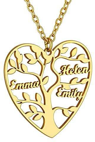 GoldChic Collier Coeur Prénom Personnalisé Or Plaqué Pendentif Maman Arbre de Vie 3 Prenoms des Enfants Acier Femme Généalogique Famille Fêtes des Mères Chaine Forcat Acier 50 cm Cadeau Meilleur Amie