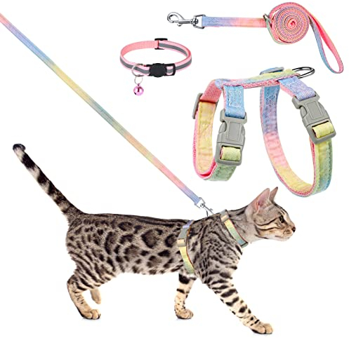 Pinenuts Cat Harness and Lead Set, Escape Proof Cat Harnesses and Leash Soft Adjustable Cat Collars Rainbow Kitten Harness for Outdoor Walking