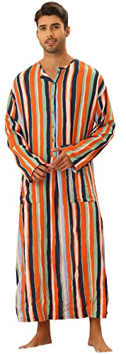 Lars Amadeus Gestreiftes Nachthemd für Herren Langarm Button Down Nachthemd Henley Shirts mit Taschen, Orange, XL