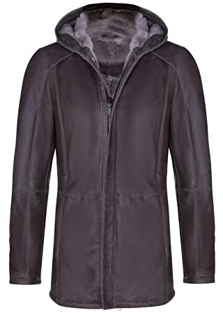 Infinity Leather Brauner Schafspelz-echter Lammfell-klassischer Leder-Parka-Mantel mit Kapuze für Herren XS