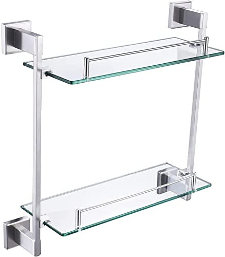 AKAZI Glasregal für Badezimmer Wandmontiertes Badezimmerregal Glasregal aus gehärtetem Glas mit Geländer aus gebürstetem Edelstahl SUS304