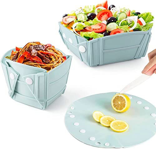 Cuenco de Silicona Plegable varias Posiciones, cuenco de viaje plegable portátil para camping, senderismo, aperitivos, ensalada, apto para microondas, congelador y lavavajillas pack de 2 (Azul)
