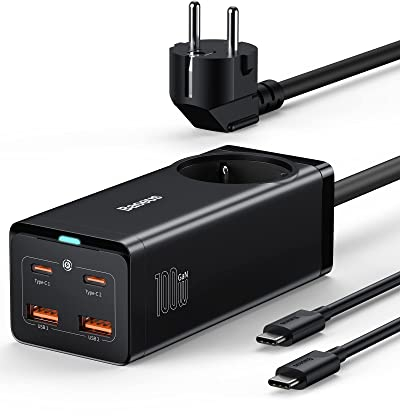 Baseus USB C Ladegerät 100W mit Steckdose, GaN3 PowerCombo USB Netzteil PD Mehrfach Ladegerät mit 1 AC + 4 Port, GaN Charger für MacBook Pro/Air, iPad Pro, iPhone 14 Pro/13/12, Galaxy S23, Steam Deck