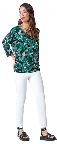 Roman Originals Floral Print Blouson Stretch Top for Women UK - Ladies Everyday Autumn Winter V-Neckline Comfy Soft Evening Vacation Work Party Night Out - Green - Size 10