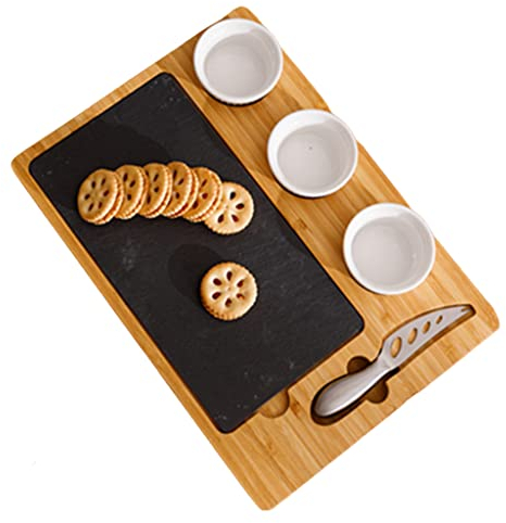 TRoki Set di taglieri per Formaggi in Ardesia di bambù Coltello, 3 Ciotole in Ceramica e Tagliere