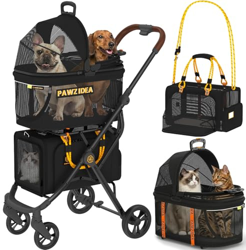 PAWZIDEA Double Dog Pram Foldable Pet Stroller with 2 Detachable Carriers