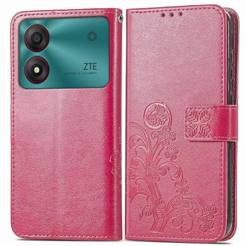 RankOne Custodia in Pelle per ZTE Blade A34 (6.6 Inches), Cover a Portafoglio con 3 Fessure per Carte 1 Tasca Portamonete Motivo Quadrifoglio - Rosso