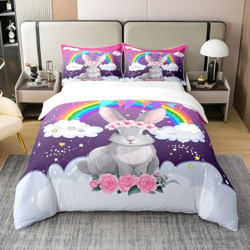 Mädchen 100% Baumwolle Bettbezug 155x220,Regenbogen Kaninchen Bettwäsche Set für Kinder,Cartoon Tier Tröster Abdeckung,Galaxy Ombre Pastell Wolken Sterne Bett Sets mit 1 Kissenbezug Home Room Decor