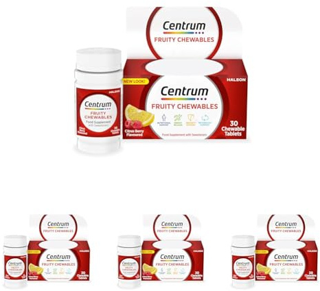 Centrum Fruity Chewables Tablets, Multivitamin Tablets for Men and Women, Vitamins with 13 Essential Nutrients Including Vitamin C, D, and Zinc, 30 ct (Packaging and Tablet Colour May Vary Slightly)