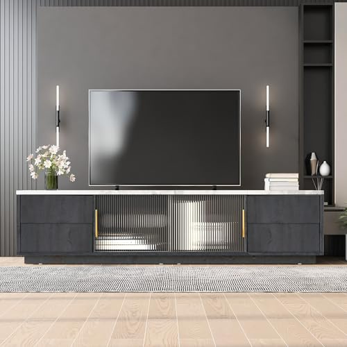Rtopsu Mobile TV, Tavolo TV Basso per TV Fino a 70 Pollici, Scaffale TV con 2 Ante e 4 Cassetti per Soggiorno, Sala da Pranzo e Camera da Letto, 160x40x44.5 cm, Grigio