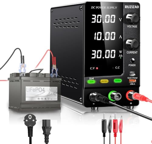 RUZIZAO Fuente de Alimentación 30V 10A, 300W Fuente de Alimentación Regulada por Codificador, 6V 12V 24V Carga de Baterías Fuente de Alimentación con Interruptor de Salida/Detección Cargas/Botón OCP